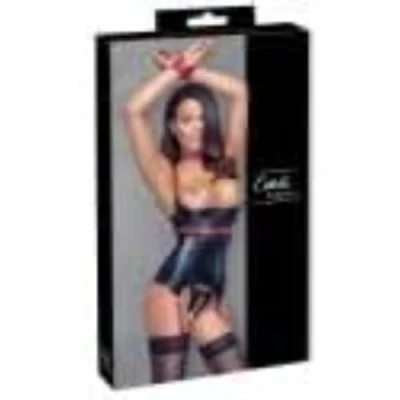Abbildung von Strapshemd plus String, ouvert, edler Mattlook mit nietenbesetzten roten Details