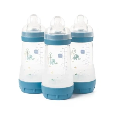 Abbildung von MAM Easy Start Self Sterilising Anti Colic Baby Bottle Pack of 3 (3 x 260 ml), with Medium Flow Teats Size 2, Newborn Essentials, Blue (Designs May Vary)