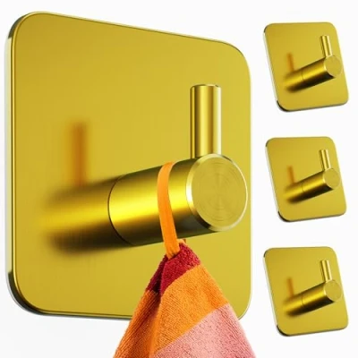 Abbildung von Menz Handtuchhaken ohne Bohren, 4er Pack Extra starke Handtuchhalter Klebehaken Edelstahl, Haken selbstklebend mit wasserfesten Klebepads, Badezimmer Handtuchhalter, Fb. Gold