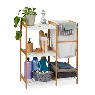 Abbildung von Relaxdays Badregal mit Wäschekorb, offen &amp; stehend, Badezimmer Regal aus Bambus MDF, HBT 76 x 65,5 33 cm, natur/weiß