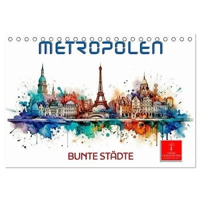 Abbildung von Skylines bunte Städte (Tischkalender 2025 DIN A5 quer), CALVENDO Monatskalender