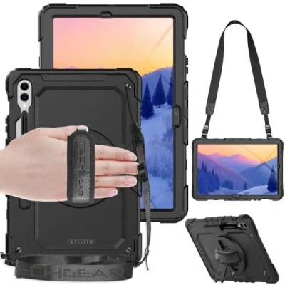 Abbildung von TECHGEAR Utility Hülle Kompatibel mit Samsung Galaxy Tab S8 Plus 12,4 Zoll (SM X800/X806) Robust Stoßfest Schutzhülle 360 Grad Schwenkständer, Hand Schultergurt, Eingebaut Bildschirm Schwarz