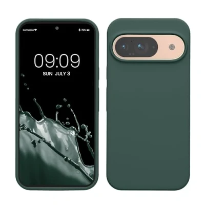 Abbildung von kwmobile Hülle kompatibel mit Google Pixel 9 / Pro Silikon Handy Case Handyhülle weiche Oberfläche kabelloses Laden Moosgrün
