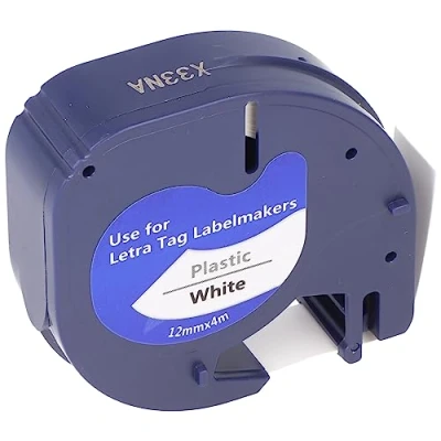 Abbildung von Schriftband Kassette nur kompatibel mit Dymo 91201, LetraTag LT 100H, S0721610, S0721700 12mm schwarz auf weiß Plastic