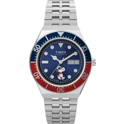 Abbildung von Timex Peanuts Automatic Herren Armbanduhr, 40 mm, Edelstahlarmband, blaues Zifferblatt, Edelstahlgehäuse TW2W47500