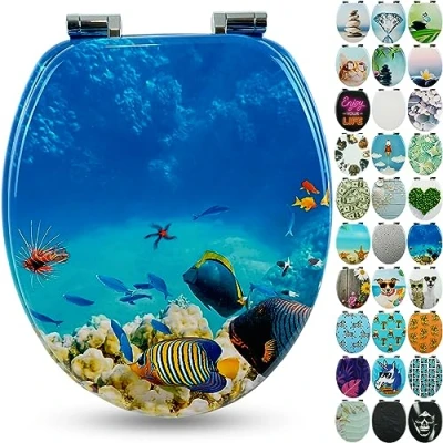 Abbildung von SANFINO® Premium WC Sitz mit Absenkautomatik hochwertige Toilettendeckel aus Holz, viele bunte Motive, hoher Sitzkomfort, einfache Montage inklusive Montageanleitung &quot;Coral Reef&quot;