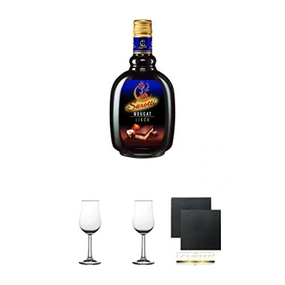 Abbildung von Sarotti Nougatlikör 0,5 Liter + 2 Bugatti Nosing Gläser mit Eichstrich 2cl und 4cl Schiefer Glasuntersetzer eckig ca. 9,5 cm Ø