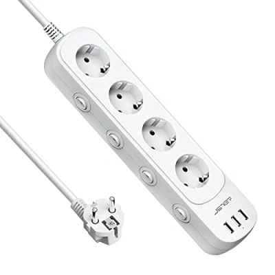 Abbildung von JSVER Steckdosenleiste 4 Fach mit USB Mehrfachsteckdose Einzeln Schaltbar Schreibtisch 3 Ladegerät Wandmontage Steckdosen (3680W) für Büro, zu Hause 2m Kabel Weiß