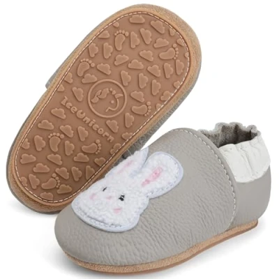 Abbildung von IceUnicorn Krabbelschuhe Baby Lauflernschuhe Weicher Leder Jungen Mädchen Lederschuhe Babys Rutschfeste mit Gummisohle Babyschuhe(Hellgrau Kaninchen, 12 18 Monate)