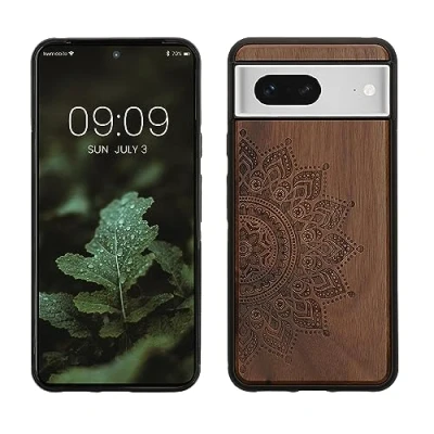 Abbildung von kwmobile Hülle kompatibel mit Google Pixel 8 Holz Case Handy Cover TPU Handyhülle in Dunkelbraun Aufgehende Sonne
