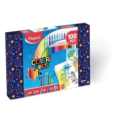 Abbildung von Maped Malset 100 Stück Color&#039;Peps 24 Buntstifte + Filzstifte Wachsmalstifte 12 Kunststoffstifte 1 Spitzer wiederverwendbare Box