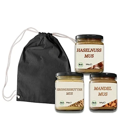 Abbildung von Mynatura Bio Mus Set 1 I Haselnussmus Erdnusbuttermus Mandelmus Aufstrich Nussmus Kochen Backen 1500g (Baumwoll Gymbag)