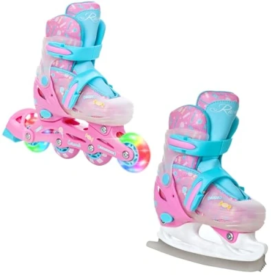 Abbildung von Eiskunstlauf Schlittschuhe 2in1 Einstellbare Räder LED Caramell Rosa/Blau