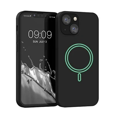 Abbildung von kwmobile Hülle kompatibel mit Apple iPhone 13 Mini magnetisches Silikon Case MagSafe Cover gummiert Schwarz