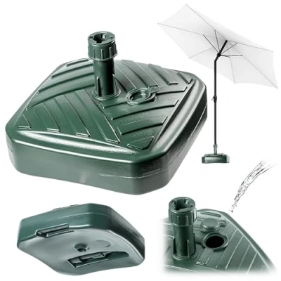 Abbildung von KADAX Sonnenschirmständer, Runder Schirmständer, Schirmhalter befüllbar mit Sand Wasser oder Kies, Ständer aus Kunststoff für Garten, Terrasse, Strand (Version 1 Quadrat, Grün)