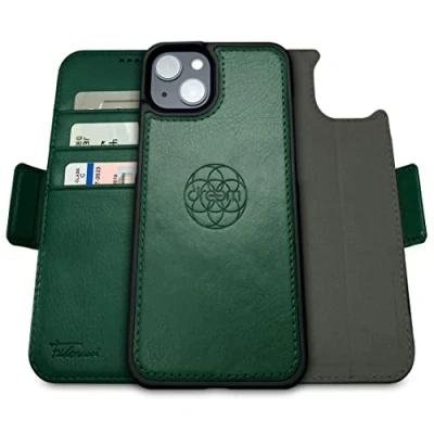 Abbildung von Dreem Fibonacci kompatibel mit iPhone 14 Plus Brieftaschen Etui / 2 in 1 stoßfestes und abnehmbares Folio aus veganem Leder, MagSafe kompatibel, RFID Schutz [Grün]