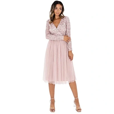 Abbildung von Maya Deluxe Damen Midi Elegant Wedding Sleeves Deep V Neck Sequins Cocktail Prom Bridesmaid Dress, Frosted Pink, 36 EU