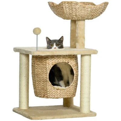 Abbildung von PawHut Kratzbaum Kratzmöbel mit Katzenhöhle, Spielball, Kletterturm Bett, für Wohnzimmer, Beige