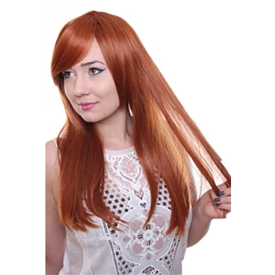 Abbildung von Prettyland Damen lange Perücke mit Pony Glatt Volumen 60cm Hitzefest Wig Orange C259