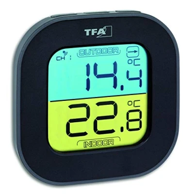 Abbildung von TFA Dostmann FUN Thermometer mit Aussensensor Funk, innen/aussen, digital, Tendenzpfeilen, schwarz, L95 x B45 H165 mm
