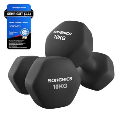 Abbildung von SONGMICS Hanteln, 2er Set, 2 x 10 kg, Hantelset, Kurzhanteln, Hexagon, Neopren Beschichtung, Krafttraining, Workout, Fitnesstraining, für Zuhause, tintenschwarz SYL110B01
