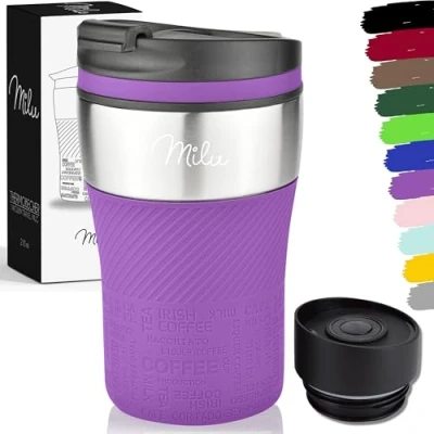 Abbildung von Milu Thermobecher Kaffee to go 210ml 100% Auslaufsicher Isolierbecher, Kaffeebecher, Trinkbecher aus Edelstahl Autobecher doppelwand Isolierung Travel Mug (Violett)