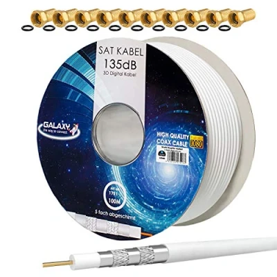 Abbildung von HB Digital Set: 100m Koaxial SAT Kabel 135db Weiß + 10x F Stecker vergoldet CCS (Stahl Kupfer) Satellit Antennenkabel 5 Fach geschirmt für DVB S/S2 C/C2 T/T2 DAB+ Radio BK Anlagen
