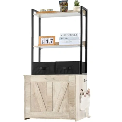 Abbildung von VEVOR Katzenschrank, Katzentoilettenmöbel mit 2 stufigem Regal, Katzenhaus aus Holz für den Innenbereich, Katzenklo Haus bis 60 kg, passend die meisten Katzentoiletten, 599,4 x 500 1270 mm