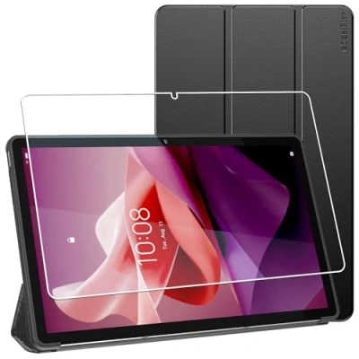 Abbildung von ebestStar Hülle für Lenovo Tab P12 (2023), Slim Smart Cover (Ultra Dünn), Schutzhülle Etui, Ständer Case Silikon, Schwarz + Panzer Schutz Glas