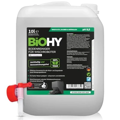 Abbildung von BiOHY Bodenreiniger für Wischroboter Station mit Frühlingsduft (10 Liter Kanister) + Auslaufhahn Reinigungsmittel Konzentrat alle Wisch &amp; Saugroboter Nass Funktion Schaumarm Streifenfrei