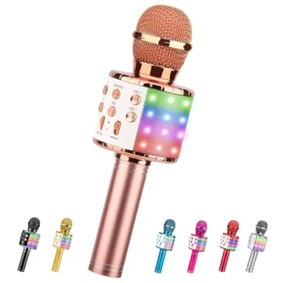 Abbildung von ShinePick Mikrofon Kinder Bluetooth, 4 in 1 Drahtloses Karaoke Mikrofon, Tragbare LED Microphone Spielzeug ab 12 Jahre, Heim KTV Gerät kompatibel mit iOS Android PC(Roségold)