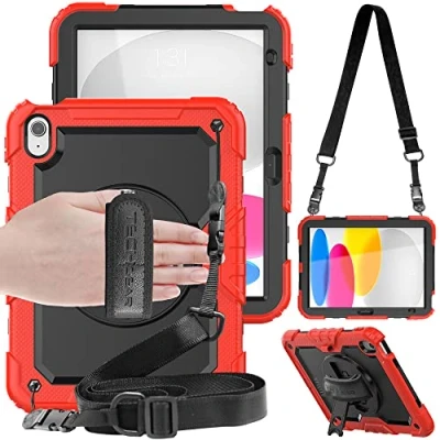 Abbildung von TECHGEAR Utility iPad 10 Generation 2022 hülle (10,9 Zoll) Robust Heavy Duty Stoßfeste Schutzhülle mit 360 Grad Schwenk ständer, stifthalter, Hand &amp; Schulter Gurt, Eingebaut schutzfolie Rot