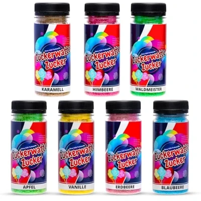 Abbildung von Zuckerwatte Zucker Set 7 Sorten je 100g für Maschine AZO Frei Aromazucker Farbzucker Backen Dekorieren