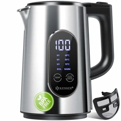 Abbildung von KESSER® Wasserkocher Edelstahl 1.7 Liter LED Anzeige 4 Modi Temperatureinstellung 40C 100C 30min Warmhalten elektrischer Teekocher 2200W BPA Frei Kalkfilter &amp; Easy Open Deckel, Silber
