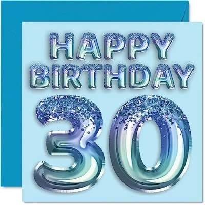 Abbildung von Stuff4 Geburtstagskarte zum 30. Geburtstag für Männer Blauer Glitzer Partyballon Happy Birthday Karten 30 Jahre alten Mann, Bruder, Freund, Onkel, Vater, 145 mm x