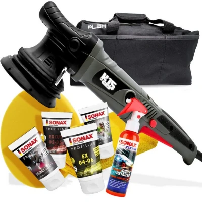 Abbildung von Garage Freaks Exzenter Poliermaschine Auto Politur Set PLSH H15, 15mm Hub, 125mm Stützteller, 2100 min. U/min, 5000 max. (Spar Set), Polituren 50ml + Polierpad SONAX PolymerNetShield Versiegelung 75ml