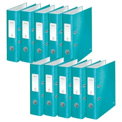 Abbildung von Leitz Qualitäts Ordner 180, 10er Pack, A4, 8 cm Rückenbreite, laminierte Graupappe, Eisblau, WOW Serie, Design kann variieren, 10050051