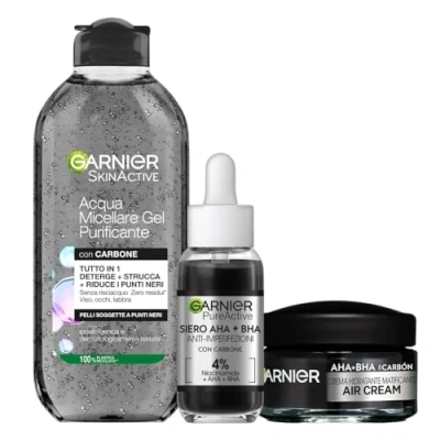 Abbildung von Garnier Kit SkinActive Mizellares Wasser, reinigendes Gel, Serum AHA+BHA gegen Unvollkommenheiten und Air Cream Mattierende Creme mit Kohle, gereinigte ebenmäßige Haut, 400 ml + 30 50