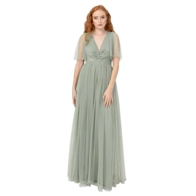 Abbildung von Anaya with Love Women&#039;s Maxi Ladies Short Flutter Sleeve V Neck Twist Front Empire A line Tulle Bridesmaid Wedding Guest Prom Dress, Frosty Green, 36