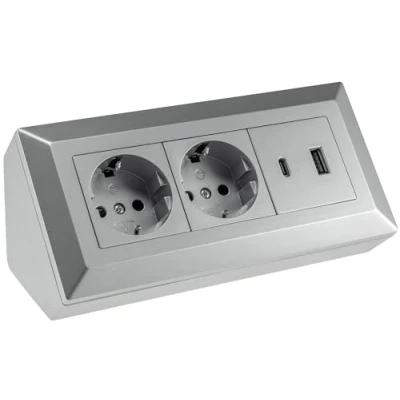 Abbildung von ChiliTec Steckdosenblock Ecksteckdose 2 Fach Schutzkontaktsteckdose USB A C PD Silber Grau