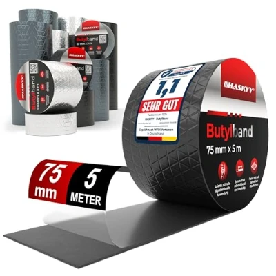 Abbildung von Wasserdichtes Klebeband Butylband I 7,5cm*5m Schwarz hochwertig selbstklebend mit Aluminiumfolie Butyl Tape alterungsbeständig korrosionsbeständig UV beständig