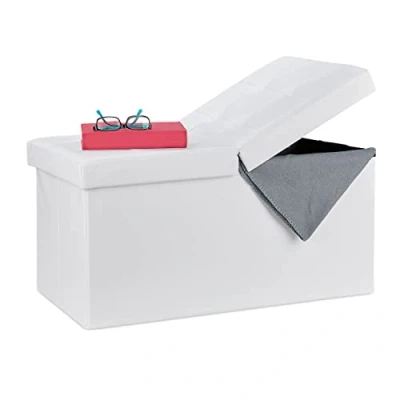 Abbildung von Relaxdays Sitzbank, mit Stauraum, faltbar, Leder Optik, klappbarer Deckel, Flur, Schlafzimmer, Polster Truhenbank, weiß, 39 x 75 37 cm