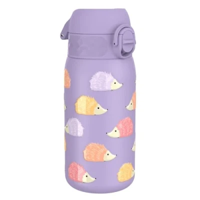 Abbildung von Ion8 Kinder Trinkflasche, Edelstahl 400ml, Auslaufsicher, Einhandöffnung, Sichere Verriegelung, Spülmaschinenfest, Klappdeckel, Tragegriff, Leicht zu Reinigen, Langlebig &amp; Kratzfest, Igel Design