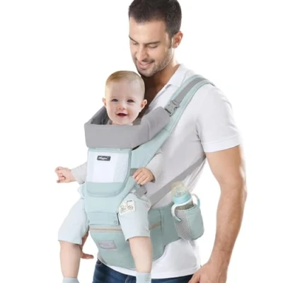 Abbildung von IULONEE Neugeborene Babytrage Baby Carrier Ergonomisch mit Hüftsitz Multifunktional Kindertrage Dorsal und Ventral Babyrückentragen für Kleinkinder 3 Monate bis Jahre (3 20kg) Grün