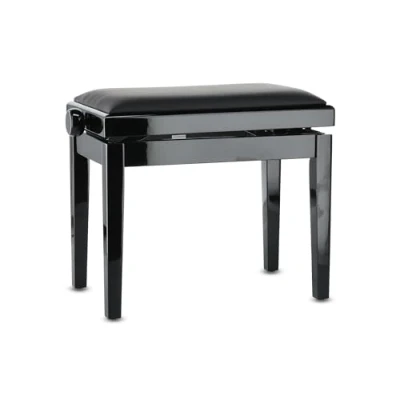 Abbildung von GEWA Pianobank Deluxe Vinyl Schwarz hochglanz Massivholz Sitzbezug 52x30cm Sitzfläche Höhenverstellbar Hochfeste Fixierung 2t Bruchlast