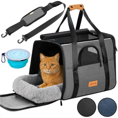 Abbildung von CADOCA® Transportbox Katzen bis 20kg faltbar Schultergurt mit Napf Atmungsaktiv Komfortabel Wendekissen Haustier Katzenbox Tragetasche Rucksack Hunde Auto Grau