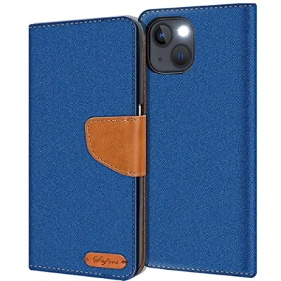 Abbildung von Verco kompatibel mit Apple iPhone 14 Plus Hülle, Schutzhülle für Tasche Denim Textil Book Case Flip Klapphülle, Blau