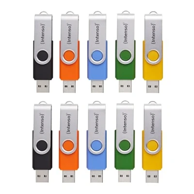 Abbildung von Intenso Basic Line 10x 4 GB USB Sticks 2.0 mit praktischen Beschriftungsetiketten, Gelb, Grün, Schwarz, Blau + Orange, silbernem Metallbügel, 10er Pack