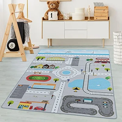 Abbildung von Carpetsale24 Kinderteppich Straßenteppich Lernen und Spielen Grau 160 x 230 cm Kurzflor Teppich Kinderzimmer für Jungen Mädchen Pflegeleicht Waschbar Spielteppich Babyzimmer Babyteppich