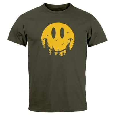 Abbildung von Neverless Sommer Sonne Motiv Lustig Smiling FACE WALD Fashion Streetstyle Tshirt print, Herren, Größe: XXL, Army